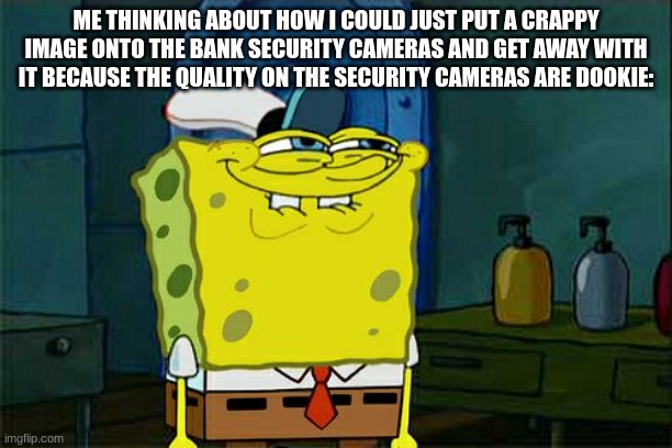 heheheheheh | ME THINKING ABOUT HOW I COULD JUST PUT A CRAPPY IMAGE ONTO THE BANK SECURITY CAMERAS AND GET AWAY WITH IT BECAUSE THE QUALITY ON THE SECURITY CAMERAS ARE DOOKIE: | image tagged in memes,don't you squidward | made w/ Imgflip meme maker