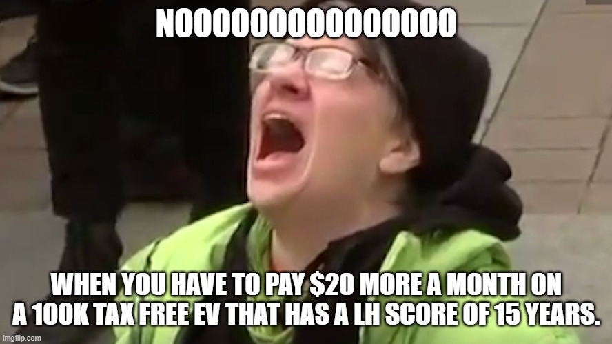 Screaming Liberal  | NOOOOOOOOOOOOOOO; WHEN YOU HAVE TO PAY $20 MORE A MONTH ON A 100K TAX FREE EV THAT HAS A LH SCORE OF 15 YEARS. | image tagged in screaming liberal | made w/ Imgflip meme maker