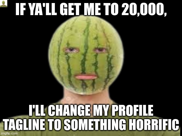 hehehehaw | IF YA'LL GET ME TO 20,000, I'LL CHANGE MY PROFILE TAGLINE TO SOMETHING HORRIFIC | image tagged in watermelon,watermelons | made w/ Imgflip meme maker