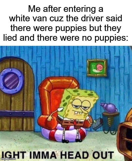 why they lie like that | Me after entering a white van cuz the driver said there were puppies but they lied and there were no puppies: | image tagged in memes,spongebob ight imma head out,puppies | made w/ Imgflip meme maker