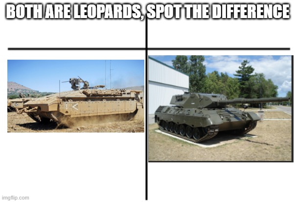 Both are leopards | BOTH ARE LEOPARDS, SPOT THE DIFFERENCE | image tagged in t chart,tanks,leopard | made w/ Imgflip meme maker