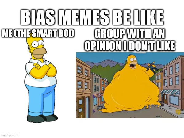 I'm not criticizing people who make these, I'm just criticizing the style of these memes | BIAS MEMES BE LIKE; GROUP WITH AN OPINION I DON'T LIKE; ME (THE SMART BOI) | image tagged in memes,biased media,media bias,internet | made w/ Imgflip meme maker