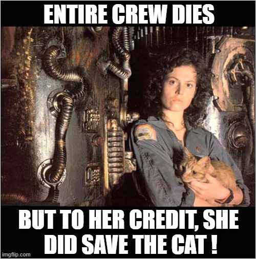 Ripley And Jonesy | ENTIRE CREW DIES; BUT TO HER CREDIT, SHE 
DID SAVE THE CAT ! | image tagged in cats,alien,ripley,jonesy,saved | made w/ Imgflip meme maker