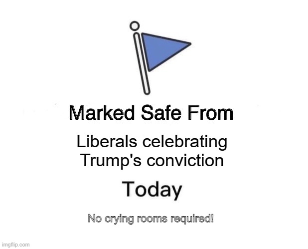 Marked safe from liberals celebrating Trump's conviction | Liberals celebrating
Trump's conviction; No crying rooms required! | image tagged in memes,marked safe from | made w/ Imgflip meme maker