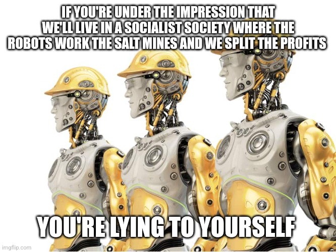IF YOU'RE UNDER THE IMPRESSION THAT WE'LL LIVE IN A SOCIALIST SOCIETY WHERE THE ROBOTS WORK THE SALT MINES AND WE SPLIT THE PROFITS; YOU'RE LYING TO YOURSELF | image tagged in politics,funny memes | made w/ Imgflip meme maker