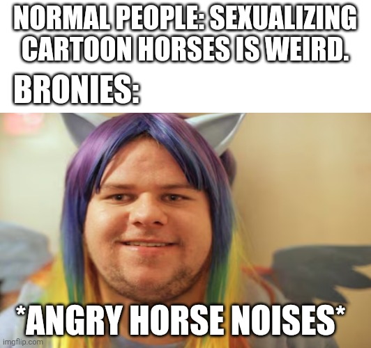 Something worse than furries: | NORMAL PEOPLE: SEXUALIZING CARTOON HORSES IS WEIRD. BRONIES:; *ANGRY HORSE NOISES* | image tagged in anti furry,bronies,cringe | made w/ Imgflip meme maker