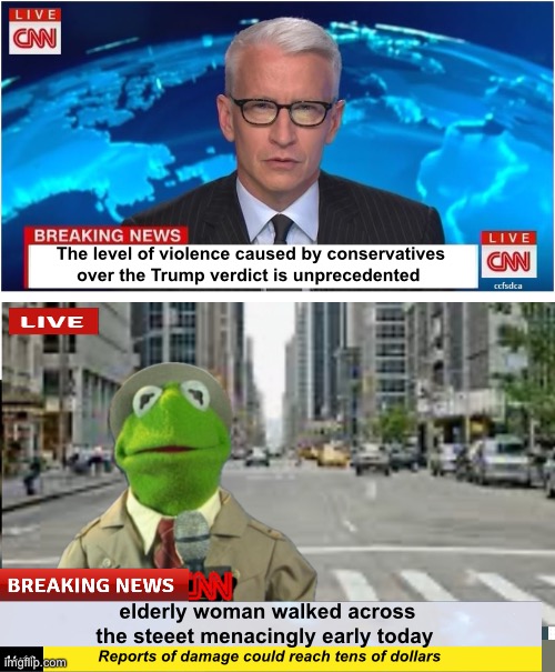 Violent conservatives must be stopped!!! | The level of violence caused by conservatives over the Trump verdict is unprecedented; elderly woman walked across the steeet menacingly early today; Reports of damage could reach tens of dollars | image tagged in cnn breaking news anderson cooper,politics lol,memes,protesters | made w/ Imgflip meme maker