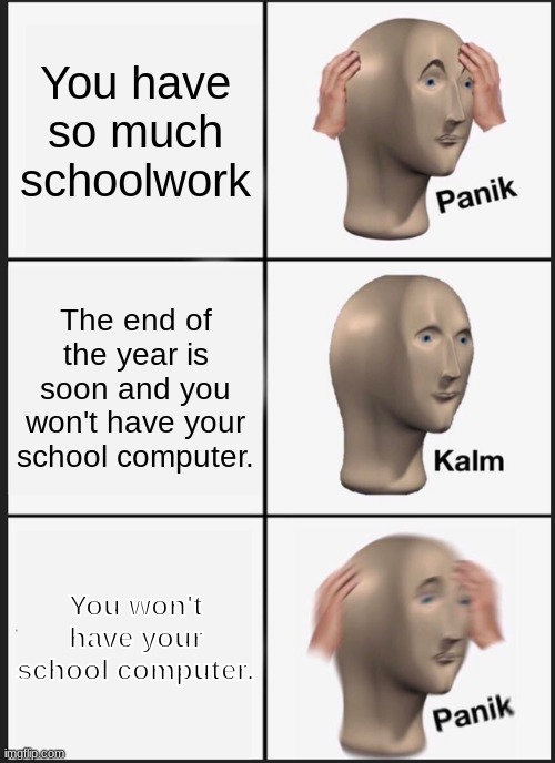 Me, worried I can't post over imgflip when the year ends. | You have so much schoolwork; The end of the year is soon and you won't have your school computer. You won't have your school computer. | image tagged in memes,panik kalm panik,school,funny,relatable,imgflip | made w/ Imgflip meme maker