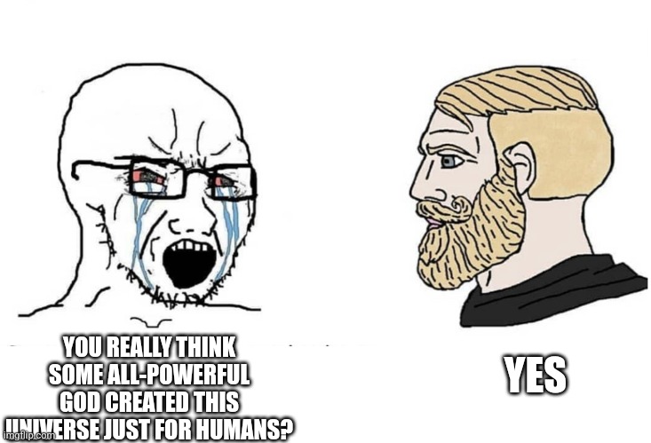 Based | YOU REALLY THINK SOME ALL-POWERFUL GOD CREATED THIS UNIVERSE JUST FOR HUMANS? YES | image tagged in soyboy vs yes chad,r/dankchristianmemes,christian memes,religion,atheists,christianity | made w/ Imgflip meme maker