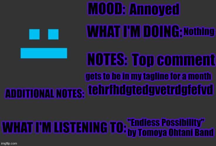 Annoyed; Nothing; Top comment; gets to be in my tagline for a month; tehrfhdgtedgvetrdgfefvd; "Endless Possibility" by Tomoya Ohtani Band | image tagged in f4nt0m-r4di4ti0n-ninj4 announcement | made w/ Imgflip meme maker