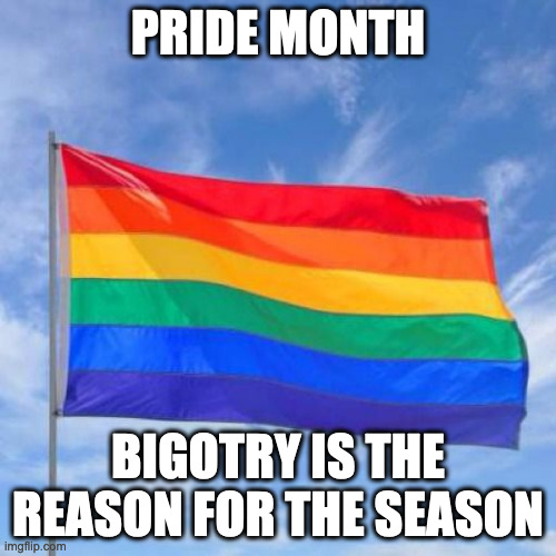 pride mo. brought to you by bigotry | PRIDE MONTH; BIGOTRY IS THE REASON FOR THE SEASON | image tagged in gay pride flag | made w/ Imgflip meme maker
