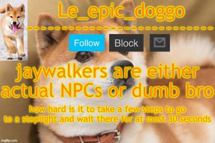 epic doggo's temp back in old fashion | jaywalkers are either actual NPCs or dumb bro; how hard is it to take a few steps to go to a stoplight and wait there for at most 30 seconds | image tagged in epic doggo's temp back in old fashion | made w/ Imgflip meme maker