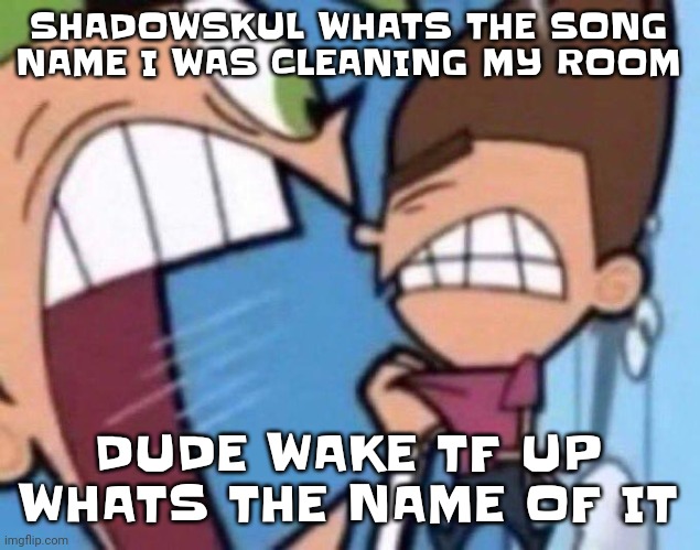 DUDE | SHADOWSKUL WHATS THE SONG NAME I WAS CLEANING MY ROOM; DUDE WAKE TF UP WHATS THE NAME OF IT | image tagged in cosmo yelling at timmy | made w/ Imgflip meme maker