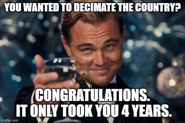 Leonardo Dicaprio Cheers | YOU WANTED TO DECIMATE THE COUNTRY? CONGRATULATIONS.
 IT ONLY TOOK YOU 4 YEARS. | image tagged in memes,leonardo dicaprio cheers | made w/ Imgflip meme maker