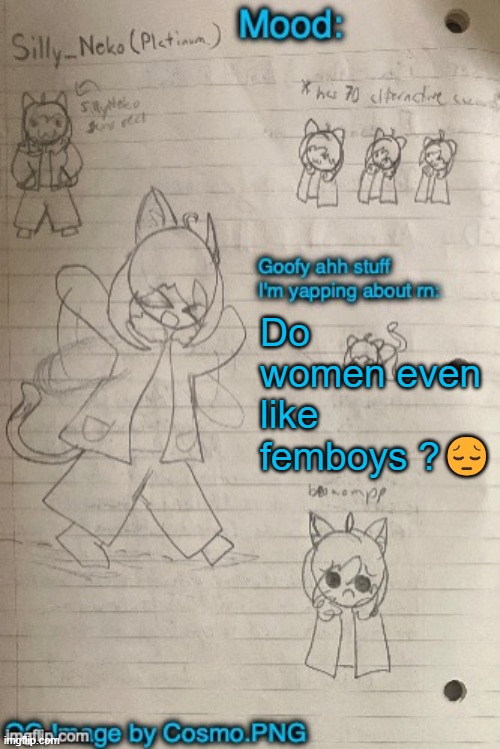 Neko announcement template (Thx Cosmo) | Do women even like femboys ?😔 | image tagged in neko announcement template thx cosmo | made w/ Imgflip meme maker