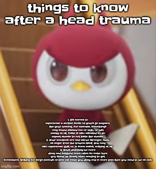 BOOK ❗️ | things to know after a head trauma; 1. It's normal to experience a certian sense of yours go haywire, like your hearing. For example, somethings may sound pitched low or high, or just wacky at all. Taste is also affected so do expect cheese to not taste like cheese.
2. Your emotions are and will be stronger, such as anger from the trauma itself. You may also experience guilt or, in some cases, nothing at all. 
3. You'll definitely be more dizzy and fatigued more often so make sure you stand up slowly when needing to get somewhere. Walking for large periods of time will make you dizzy and in more pain than you need to be as well. | image tagged in book | made w/ Imgflip meme maker