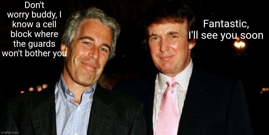 *Fingers crossed* | Don't worry buddy, I know a cell block where the guards won't bother you; Fantastic, I'll see you soon | image tagged in trump epstein,scumbag republicans,terrorists,conservative hypocrisy,trailer trash,jeffrey epstein | made w/ Imgflip meme maker