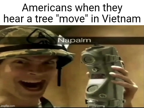 Napalm | Americans when they hear a tree "move" in Vietnam | image tagged in napalm,i love the smell of napalm in the morning,a lot of napalm,even more napalm,war crimes,way more napalm | made w/ Imgflip meme maker