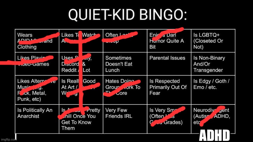 ADHD amirite? | ADHD | image tagged in quiet kid bingo | made w/ Imgflip meme maker
