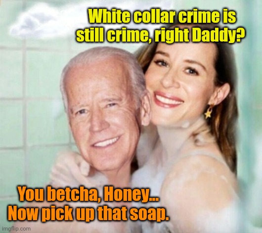 The Irony of Hypocrisy. | White collar crime is still crime, right Daddy? You betcha, Honey... Now pick up that soap. | image tagged in joe and ashley biden in shower | made w/ Imgflip meme maker