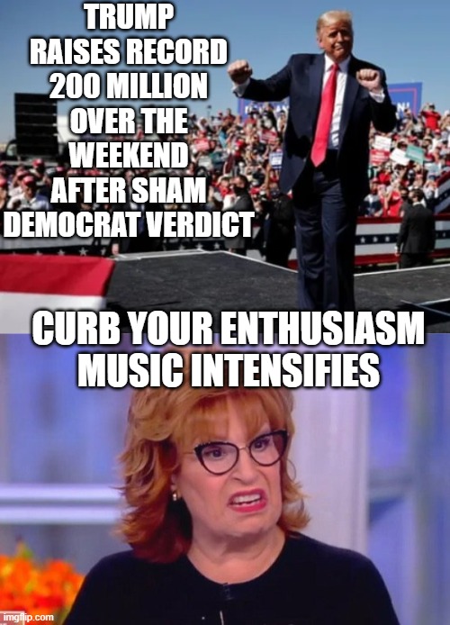 TRUMP RAISES RECORD 200 MILLION OVER THE WEEKEND AFTER SHAM DEMOCRAT VERDICT; CURB YOUR ENTHUSIASM MUSIC INTENSIFIES | image tagged in trump dance fool | made w/ Imgflip meme maker