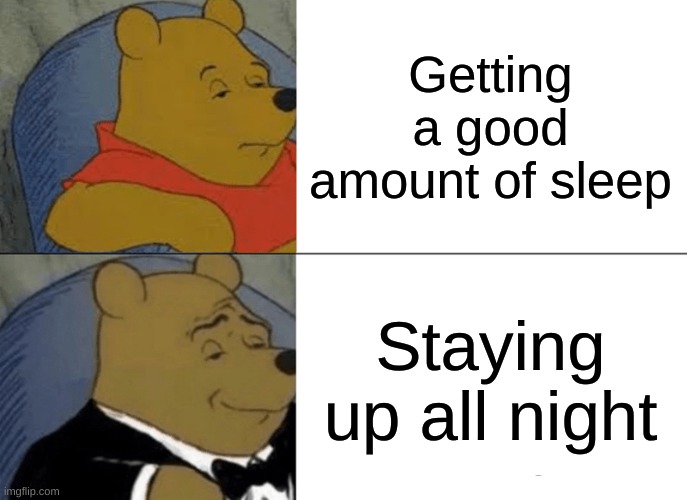 Im so tired | Getting a good amount of sleep; Staying up all night | image tagged in memes,tuxedo winnie the pooh | made w/ Imgflip meme maker