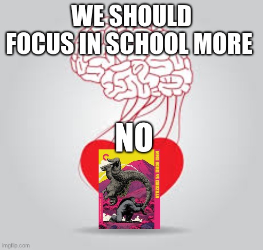 HEART AND BRAIN | WE SHOULD FOCUS IN SCHOOL MORE; NO | image tagged in heart and brain | made w/ Imgflip meme maker