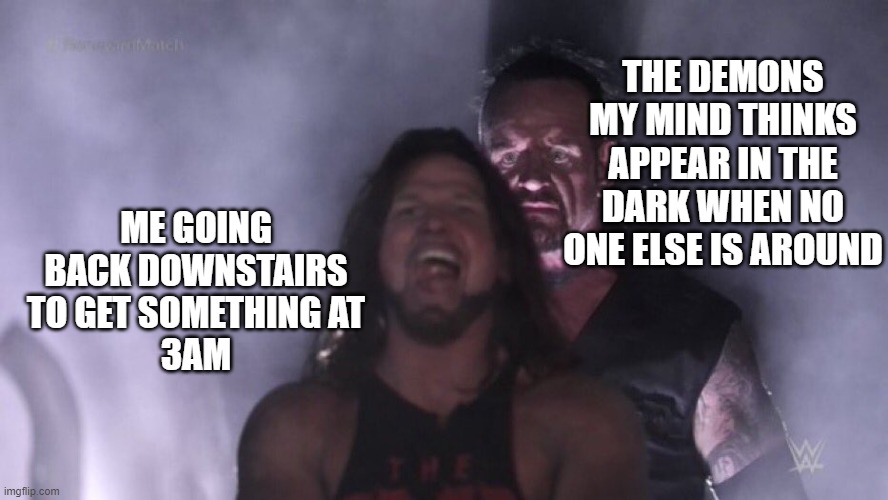 AJ Styles & Undertaker | THE DEMONS MY MIND THINKS APPEAR IN THE DARK WHEN NO ONE ELSE IS AROUND; ME GOING BACK DOWNSTAIRS TO GET SOMETHING AT
3AM | image tagged in aj styles undertaker | made w/ Imgflip meme maker