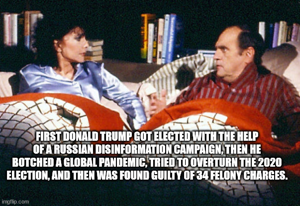 Our national nightmare. | FIRST DONALD TRUMP GOT ELECTED WITH THE HELP OF A RUSSIAN DISINFORMATION CAMPAIGN, THEN HE BOTCHED A GLOBAL PANDEMIC, TRIED TO OVERTURN THE 2020 ELECTION, AND THEN WAS FOUND GUILTY OF 34 FELONY CHARGES. | image tagged in last scene newhart,the donald trump disaster,donald trump nightmare | made w/ Imgflip meme maker