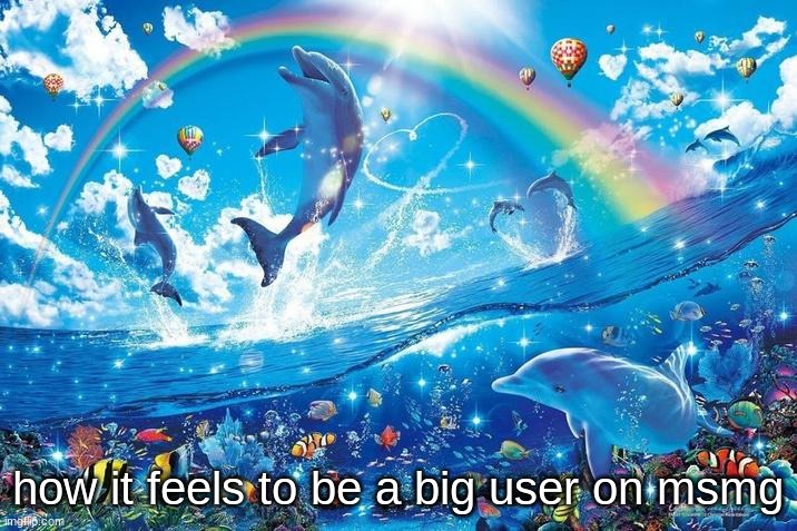 Happy dolphin rainbow | how it feels to be a big user on msmg | image tagged in happy dolphin rainbow | made w/ Imgflip meme maker