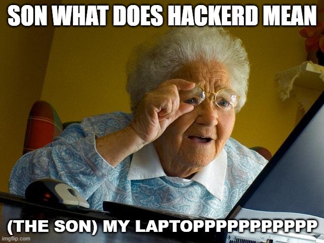 grandsons laptop is hacked | SON WHAT DOES HACKERD MEAN; (THE SON) MY LAPTOPPPPPPPPPPP | image tagged in memes,grandma finds the internet | made w/ Imgflip meme maker