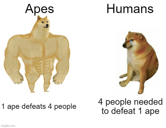 Buff Doge vs. Cheems Meme | Apes; Humans; 1 ape defeats 4 people; 4 people needed to defeat 1 ape | image tagged in memes,buff doge vs cheems | made w/ Imgflip meme maker