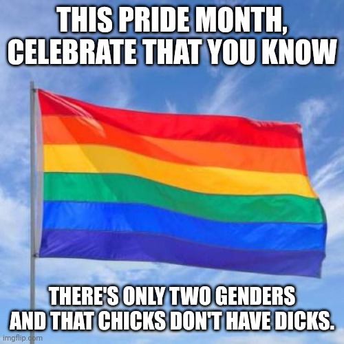 Proud to know basic biology | THIS PRIDE MONTH, CELEBRATE THAT YOU KNOW; THERE'S ONLY TWO GENDERS AND THAT CHICKS DON'T HAVE DICKS. | image tagged in gay pride flag,lgbtq | made w/ Imgflip meme maker