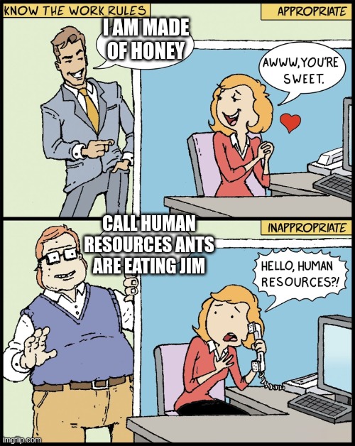 Know The Work Rules | I AM MADE OF HONEY CALL HUMAN RESOURCES ANTS ARE EATING JIM | image tagged in know the work rules | made w/ Imgflip meme maker