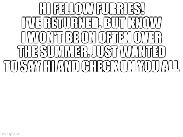 arff | HI FELLOW FURRIES! I'VE RETURNED, BUT KNOW I WON'T BE ON OFTEN OVER THE SUMMER. JUST WANTED TO SAY HI AND CHECK ON YOU ALL | image tagged in furry,checking-in | made w/ Imgflip meme maker