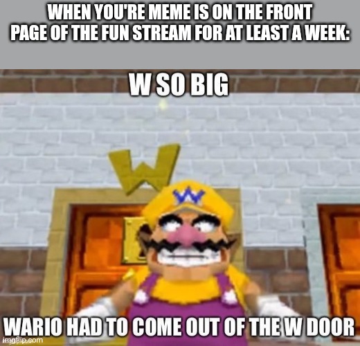 Truthy truth | WHEN YOU'RE MEME IS ON THE FRONT PAGE OF THE FUN STREAM FOR AT LEAST A WEEK: | image tagged in w so big wario,winner,wario,funny,memes,front page plz | made w/ Imgflip meme maker