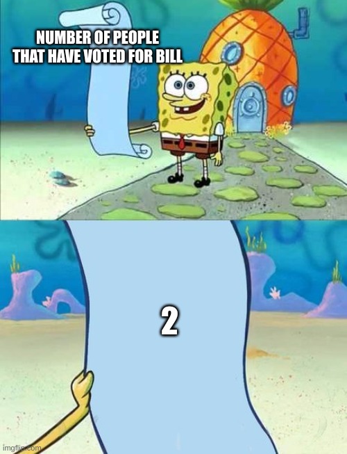Spongebob's list of... | NUMBER OF PEOPLE THAT HAVE VOTED FOR BILL 2 | image tagged in spongebob's list of | made w/ Imgflip meme maker