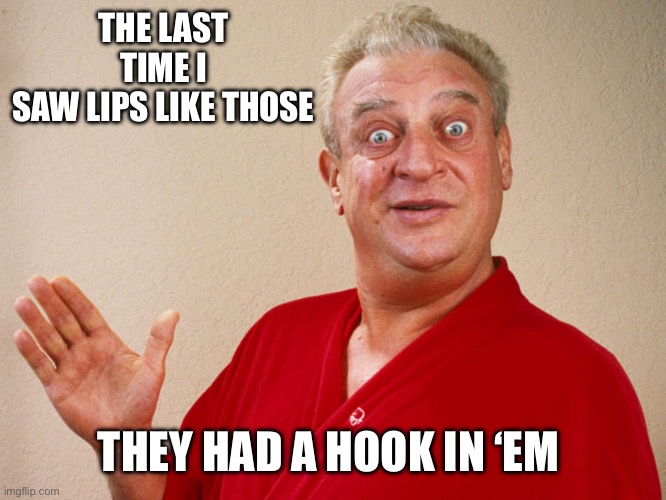 Rodney Dangerfield For Pres | THE LAST TIME I
SAW LIPS LIKE THOSE THEY HAD A HOOK IN ‘EM | image tagged in rodney dangerfield for pres | made w/ Imgflip meme maker