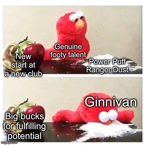 elmo cocaine | Genuine footy talent; Power Puff Ranger Dust; New start at a new club; Ginnivan; Big bucks for fulfilling potential | image tagged in elmo cocaine | made w/ Imgflip meme maker