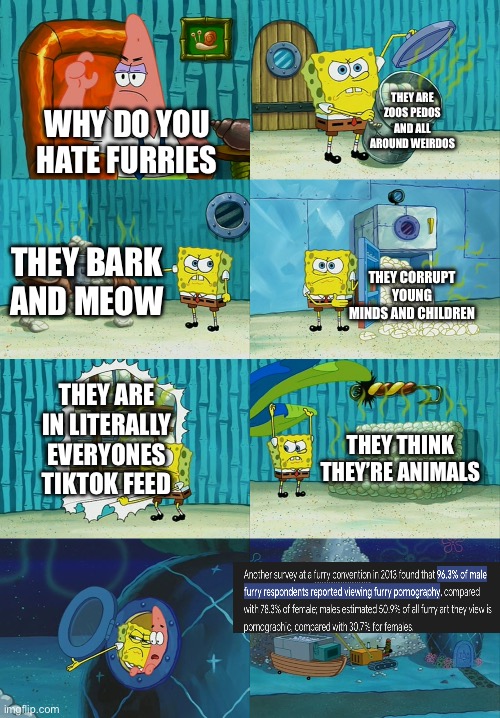Spongebob diapers meme | THEY ARE ZOOS PEDOS AND ALL AROUND WEIRDOS; WHY DO YOU HATE FURRIES; THEY BARK AND MEOW; THEY CORRUPT YOUNG MINDS AND CHILDREN; THEY ARE IN LITERALLY EVERYONES TIKTOK FEED; THEY THINK THEY’RE ANIMALS | image tagged in spongebob diapers meme | made w/ Imgflip meme maker
