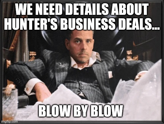 Parmesan Face | WE NEED DETAILS ABOUT HUNTER'S BUSINESS DEALS... BLOW BY BLOW | image tagged in parmesan face | made w/ Imgflip meme maker
