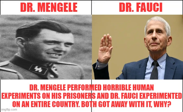 Dr. Fauci and Dr. Mengele | DR. MENGELE                    DR. FAUCI; DR. MENGELE PERFORMED HORRIBLE HUMAN EXPERIMENTS ON HIS PRISONERS AND DR. FAUCI EXPERIMENTED ON AN ENTIRE COUNTRY. BOTH GOT AWAY WITH IT, WHY? | image tagged in side-by-side panels | made w/ Imgflip meme maker