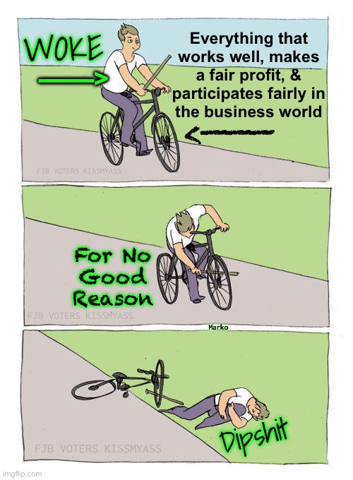 Builds Nothing.  Adds Nothing.  Purposely Destroys Everything | WOKE; Everything that works well, makes a fair profit, & participates fairly in
the business world; ——>; <———; FJB VOTERS KISSMYASS; For No
Good
Reason; FJB VOTERS KISSMYASS; Marko; Dipshit; FJB VOTERS KISSMYASS | image tagged in memes,bike fall,the way of the woke left,progressives destroy,because theyre evil,fjb voters leftists kissmyass | made w/ Imgflip meme maker