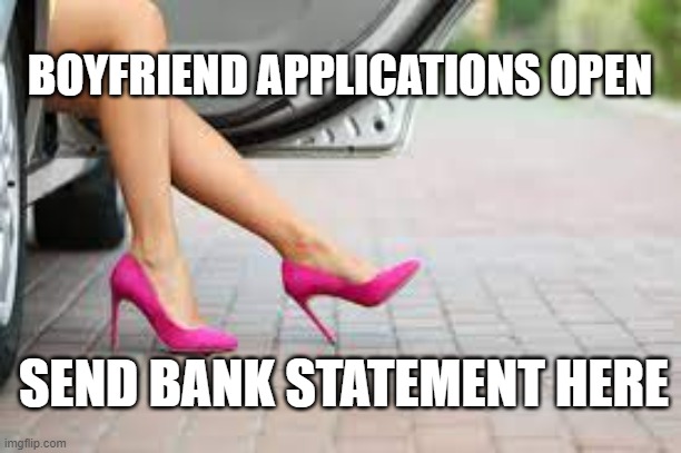 Boyfriend application | BOYFRIEND APPLICATIONS OPEN; SEND BANK STATEMENT HERE | image tagged in funny | made w/ Imgflip meme maker