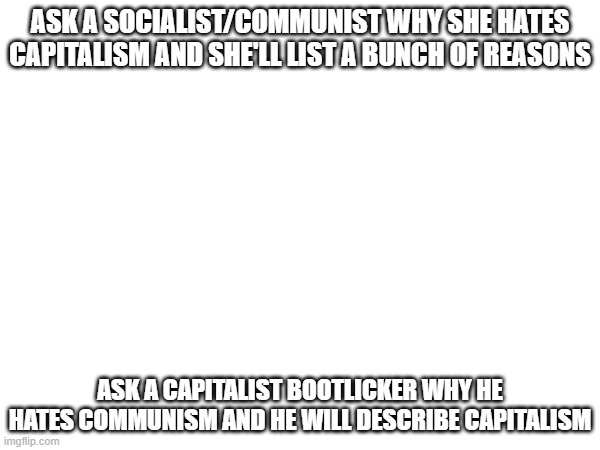 ASK A SOCIALIST/COMMUNIST WHY SHE HATES CAPITALISM AND SHE'LL LIST A BUNCH OF REASONS; ASK A CAPITALIST BOOTLICKER WHY HE HATES COMMUNISM AND HE WILL DESCRIBE CAPITALISM | made w/ Imgflip meme maker