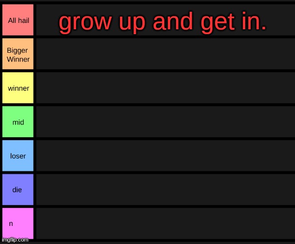 yoshi's tier list | grow up and get in. | image tagged in yoshi's tier list | made w/ Imgflip meme maker
