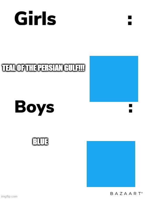 idk just how do girls do this | TEAL OF THE PERSIAN GULF!!! BLUE | image tagged in boys vs girls | made w/ Imgflip meme maker