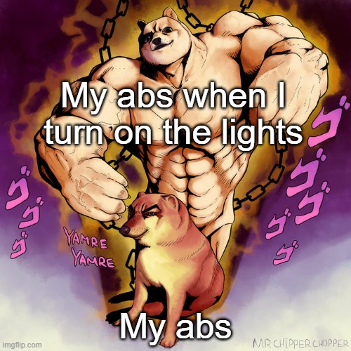 Cheems and Buff Doge Stand | My abs when I turn on the lights; My abs | image tagged in cheems and buff doge stand | made w/ Imgflip meme maker