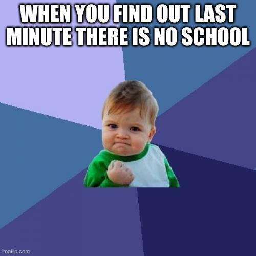 Last minute be like: | WHEN YOU FIND OUT LAST MINUTE THERE IS NO SCHOOL | image tagged in memes,success kid | made w/ Imgflip meme maker
