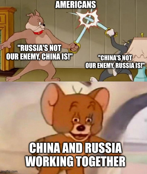 Both regimes are bad, folks | AMERICANS; "RUSSIA'S NOT OUR ENEMY, CHINA IS!"; "CHINA'S NOT OUR ENEMY, RUSSIA IS!"; CHINA AND RUSSIA WORKING TOGETHER | image tagged in tom and jerry swordfight,china,russia,xi jinping,vladimir putin,usa | made w/ Imgflip meme maker
